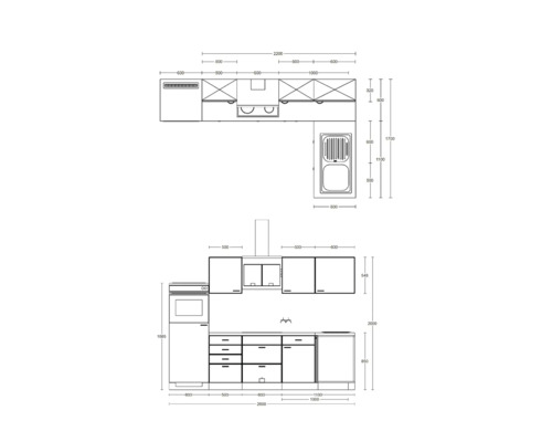 Küchenplan mit Abmessungen und Anordnung von Schränken, Spüle und Geräten.