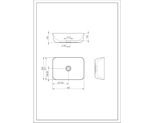 Technische Zeichnung eines Waschtisches mit Maßangaben