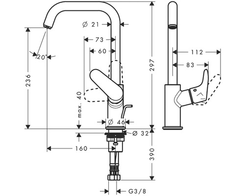 Technische Zeichnung einer Armatur mit Maßangaben