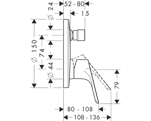 Technische Zeichnung einer Armatur mit Maßangaben