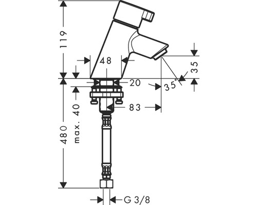 Technische Zeichnung einer Armatur mit Maßangaben