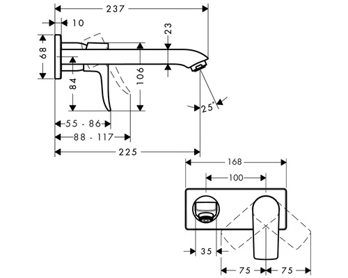 Maßzeichnung einer Armatur mit verschiedenen Abmessungen.