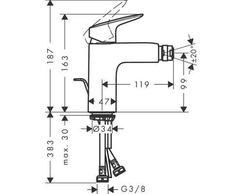 Maßzeichnung einer Armatur mit Höhen- und Breitenangaben