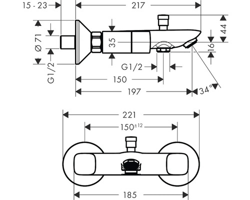 Technische Zeichnung eines Wasserhahns mit Maßangaben