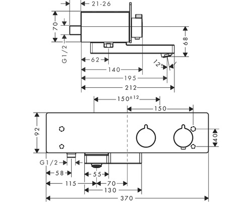 Maßzeichnung einer Armatur mit verschiedenen Maßen in Millimetern.