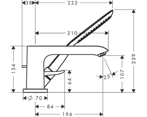 Maßzeichnung einer Waschtischarmatur mit den Maßen Höhe 239 mm, Ausladung 222 mm