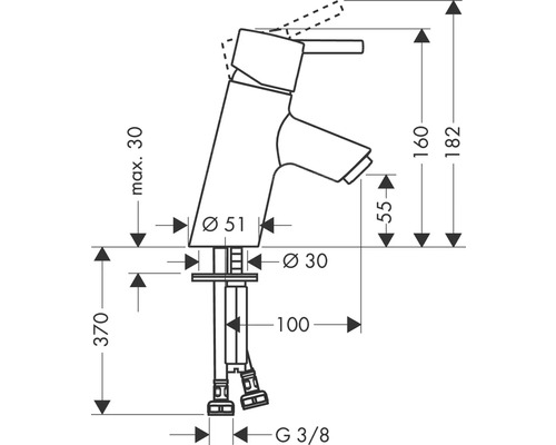 Technische Zeichnung einer Armatur mit Maßangaben
