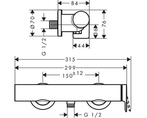 Technische Zeichnung mit Maßangaben für Sanitärprodukt