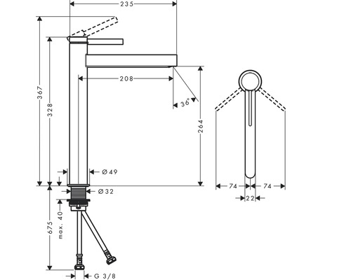 Technische Zeichnung eines Wasserhahns mit Maßangaben