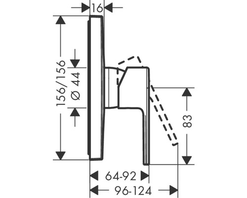Technische Zeichnung einer Armatur mit Maßangaben