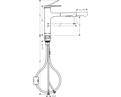 Technische Zeichnung einer Armatur mit Maßangaben.