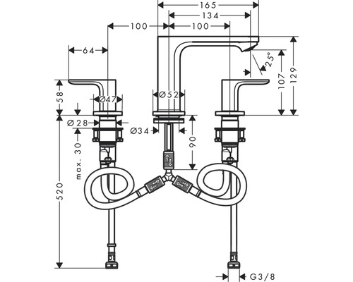 Technische Zeichnung einer Waschtischarmatur mit Maßangaben