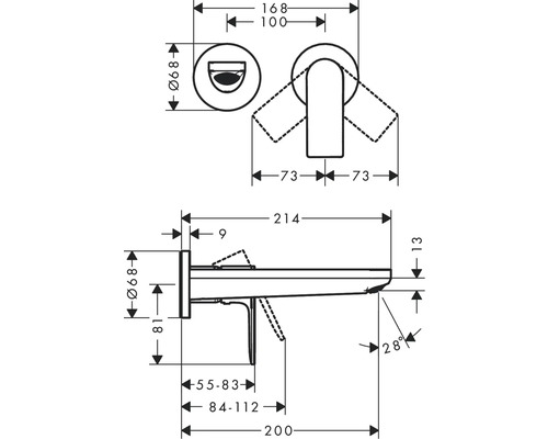 Technische Zeichnung einer Waschtischarmatur mit Maßangaben