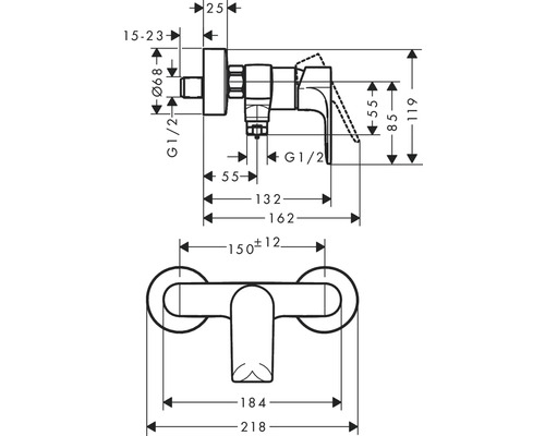 Technische Zeichnung einer Armatur mit Maßangaben