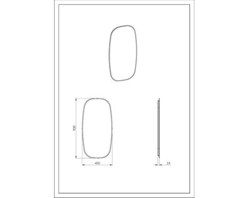 Technische Zeichnung eines Spiegels mit den Maßen 900 x 450 x 24 Millimeter.