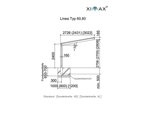 Technische Zeichnung des Ximax Linea Typ 60,80 mit Maßangaben