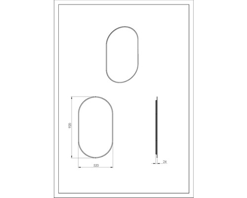 Technische Zeichnung eines Spiegels mit Abmessungen