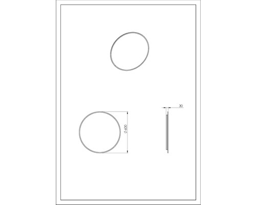 Technische Zeichnung eines runden Spiegels mit einem Durchmesser von 600 Millimeter und einer Dicke von 30 Millimeter.
