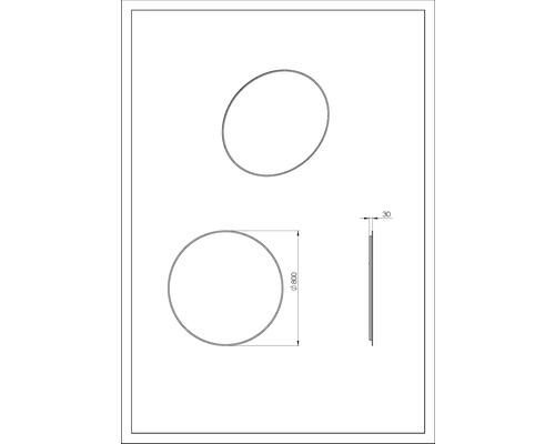 Technische Zeichnung eines runden Spiegels mit einem Durchmesser von 800 Millimeter und einer Tiefe von 30 Millimeter