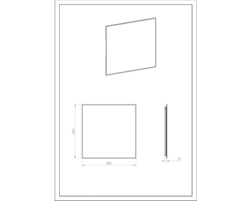 Technische Zeichnung eines Spiegels, quadratisch, 800 x 800 mm