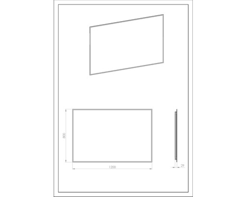 Technische Zeichnung einer Duschwand mit den Maßen 1200 x 800 x 29 Millimeter.