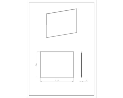 Technische Zeichnung eines Spiegels mit den Maßen 1000 x 800 x 29 mm
