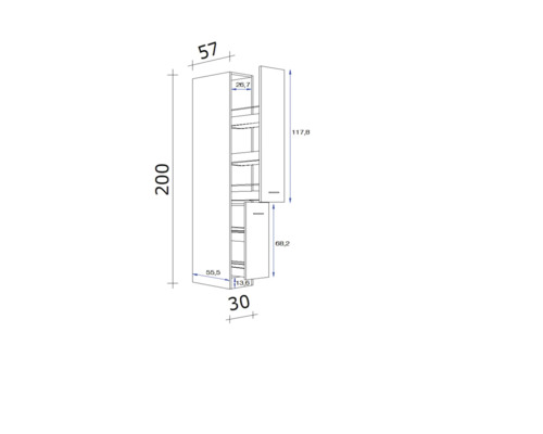 Technische Zeichnung eines Küchenschranks mit Maßen
