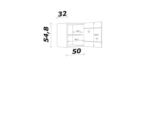 Technische Zeichnung eines Hängeschranks mit Maßen.