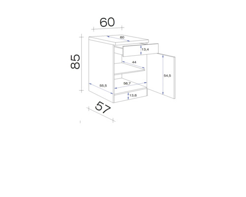Zeichnung eines Schranks mit Schublade und Tür sowie Maßangaben in Zentimetern