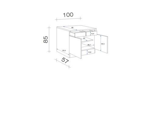 Technische Zeichnung eines Badezimmerunterschranks mit Schubladen und Türen sowie Maßangaben