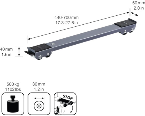 Verstellbarer Maschinenfuß, Länge 440 bis 700 Millimeter, Traglast 500 Kilogramm