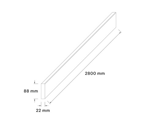 Zeichnung einer Sockelleiste mit den Maßen 2800 mm Länge, 88 mm Höhe und 22 mm Tiefe.