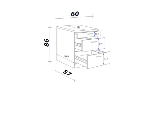 Technische Zeichnung eines Schrankes mit Schubladen und Maßangaben.