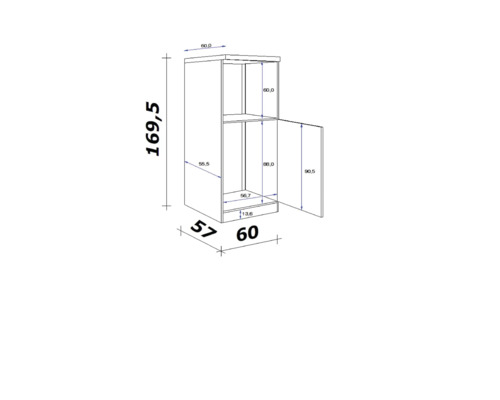 Technische Zeichnung eines Hochschranks mit Maßen
