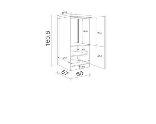 Technische Zeichnung eines Hochschranks mit Abmessungen