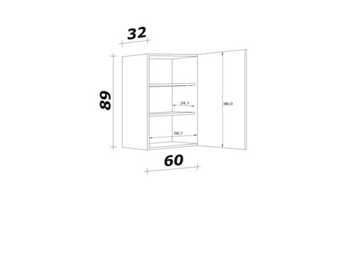 Technische Zeichnung eines Wandschranks mit Maßen
