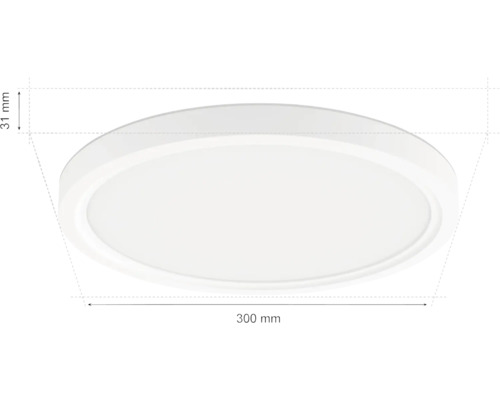 Weiße LED Deckenleuchte mit den Maßen 300 mm mal 31 mm.