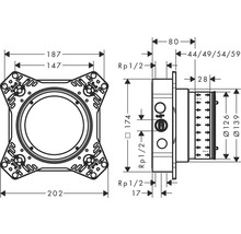 Technische Zeichnung eines Bauteils mit Maßangaben