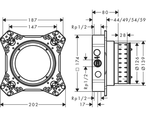 Technische Zeichnung eines Bauteils mit Maßangaben