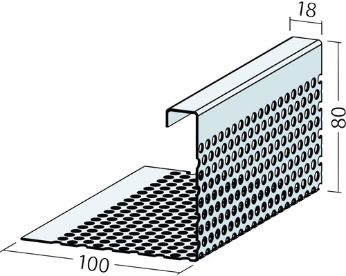 Gelochtes Putzprofil mit den Maßen 100 x 80 x 18 Millimeter.