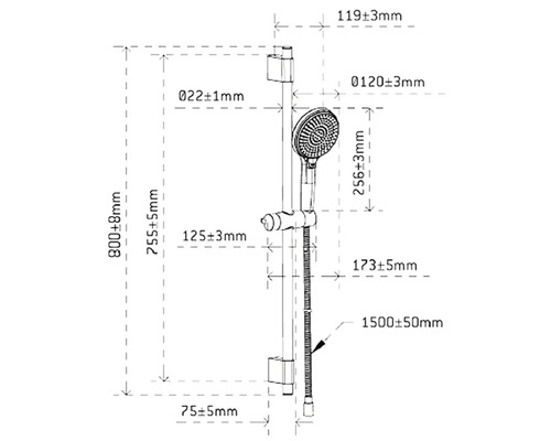 Maßzeichnung Duschstange mit Handbrause und Schlauch