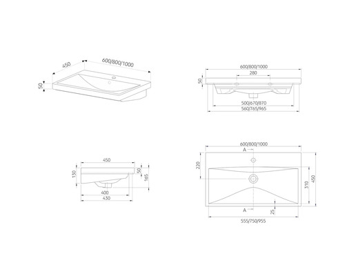 Technische Zeichnung eines Waschtisches mit Maßangaben