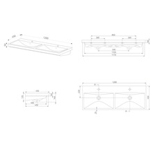 Technische Zeichnung eines Doppelwaschtisches mit Maßangaben