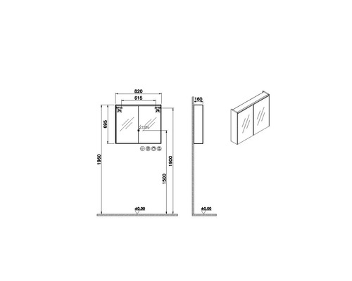 Technische Zeichnung eines Spiegelschrankes mit Maßen