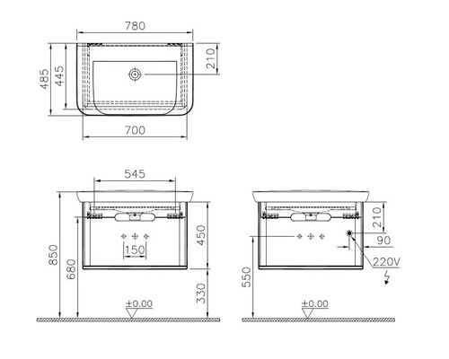 Technische Zeichnung eines Waschtischunterschranks mit Maßangaben