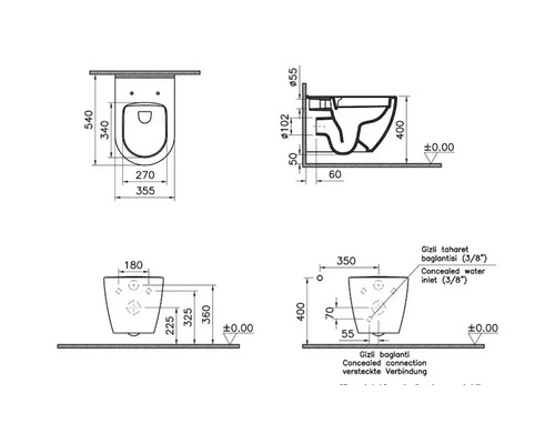 Technische Zeichnung eines Wand-WCs mit Maßangaben