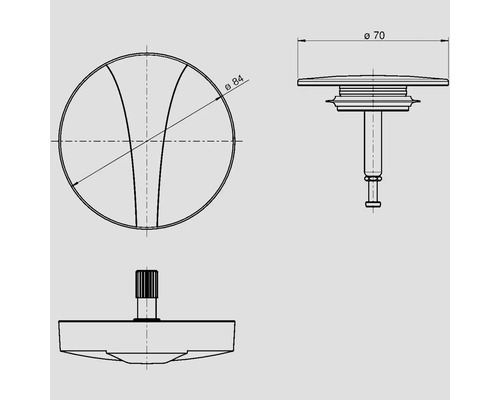 Technische Zeichnung eines Ablaufventils mit den Maßen 70 Millimeter und 84 Millimeter Durchmesser.