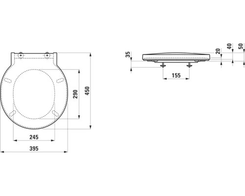 Technische Zeichnung eines Toilettendeckels mit Maßangaben