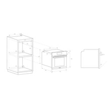 Technische Zeichnung eines Einbaubackofens mit Maßen und Einbauschrank