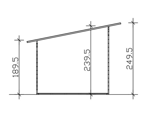 Technische Zeichnung eines Gerätehauses mit den Maßen: Höhe vorne 189,5 cm, Höhe hinten 249,5 cm und Seitenwandhöhe 239,5 cm.